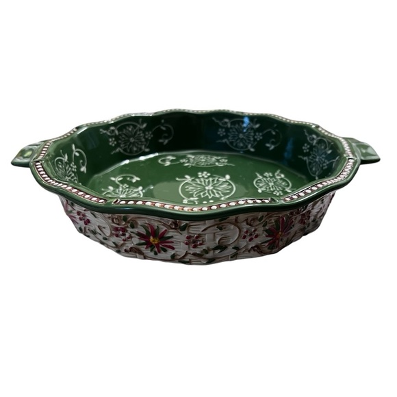 Temptations Old World Basketweave Pie Plate Server Set Poinsettia Christmas - Picture 3 of 11